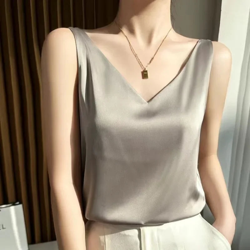 Satin Silk Lace Tank Top - V-Neck Sleeveless Camisole (S-3XL