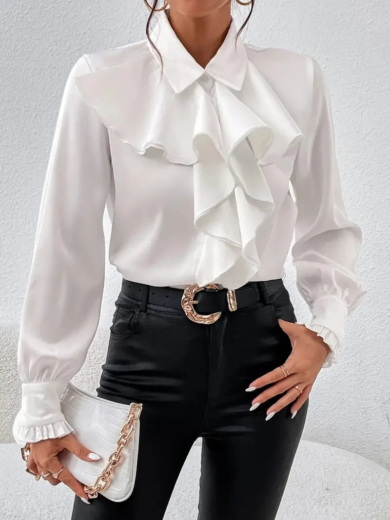 White Ruffled Lapel Blouse - Long Sleeve, Office Chic