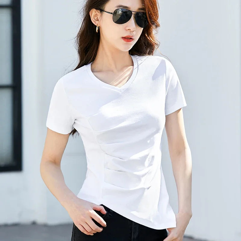Chic V-Neck Pleated Cotton Tee - Irregular Hem