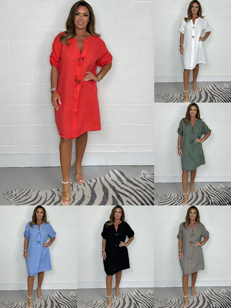 2024 Cotton Linen Tunic Dress - Women's Button-Up Loose Fit Long Shirt