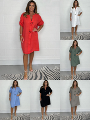 2024 Cotton Linen Tunic Dress - Women's Button-Up Loose Fit Long Shirt
