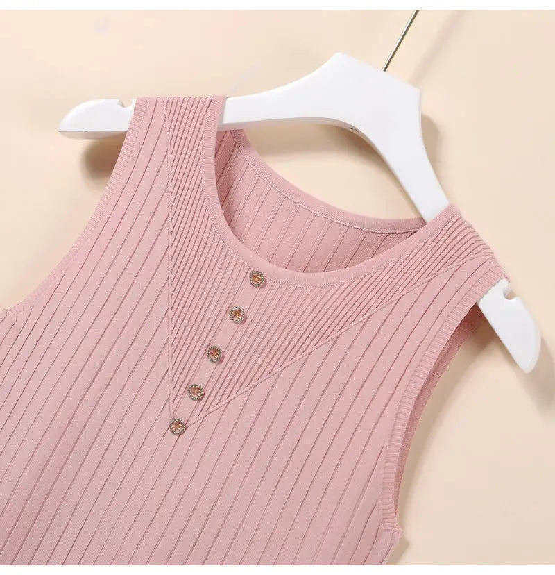 Elegant Knit V-Neck Tank Top - Sleeveless & Striped