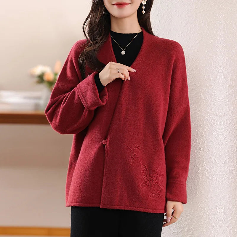 100% Merino Wool Embroidered Cardigan - Floral V-Neck, Autumn/Winter 2024