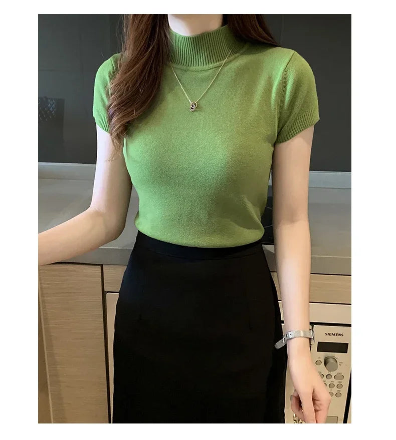 2024 Summer Turtleneck Knit Blouse - Short Sleeve
