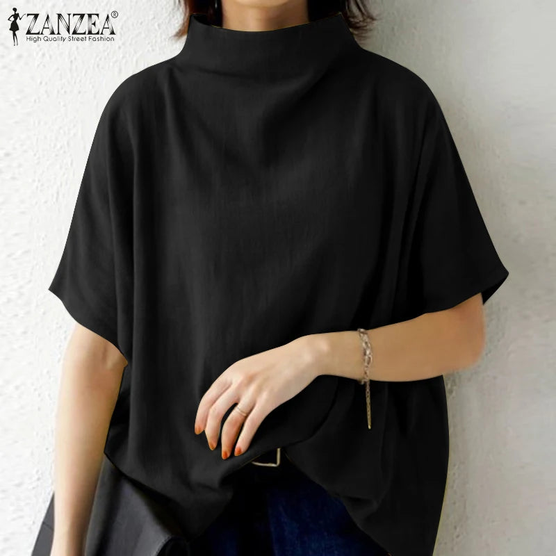 ZANZEA Cotton Turtleneck Blouse - Short Sleeve, Oversized Fit