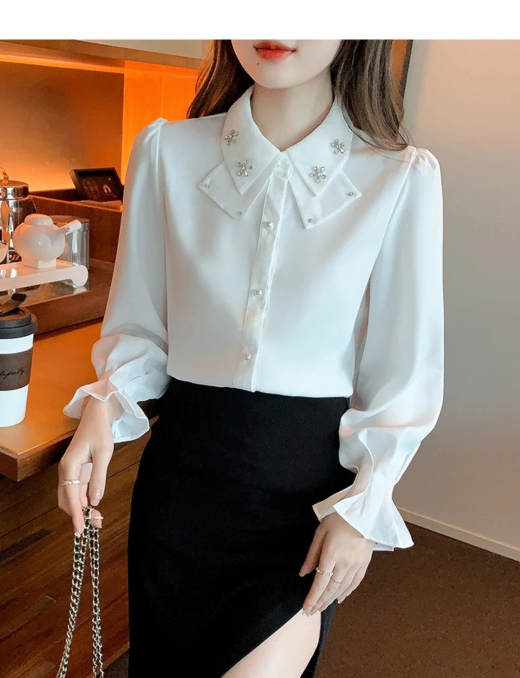 Elegant Chiffon Long Sleeve Blouse - White, Korean Office Style 2025