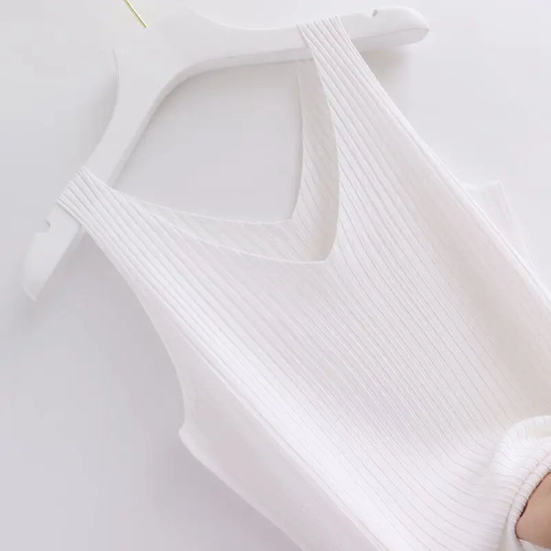 Knitted Sleeveless V-Neck Tank Top - Slim Fit, Khaki