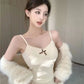 Lace Bow Corset Camisole - Sleeveless Slim Crop Top with Chest Pad for Summer Elegance