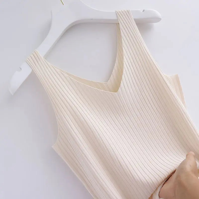 Knitted Sleeveless V-Neck Tank Top - Slim Fit, Khaki