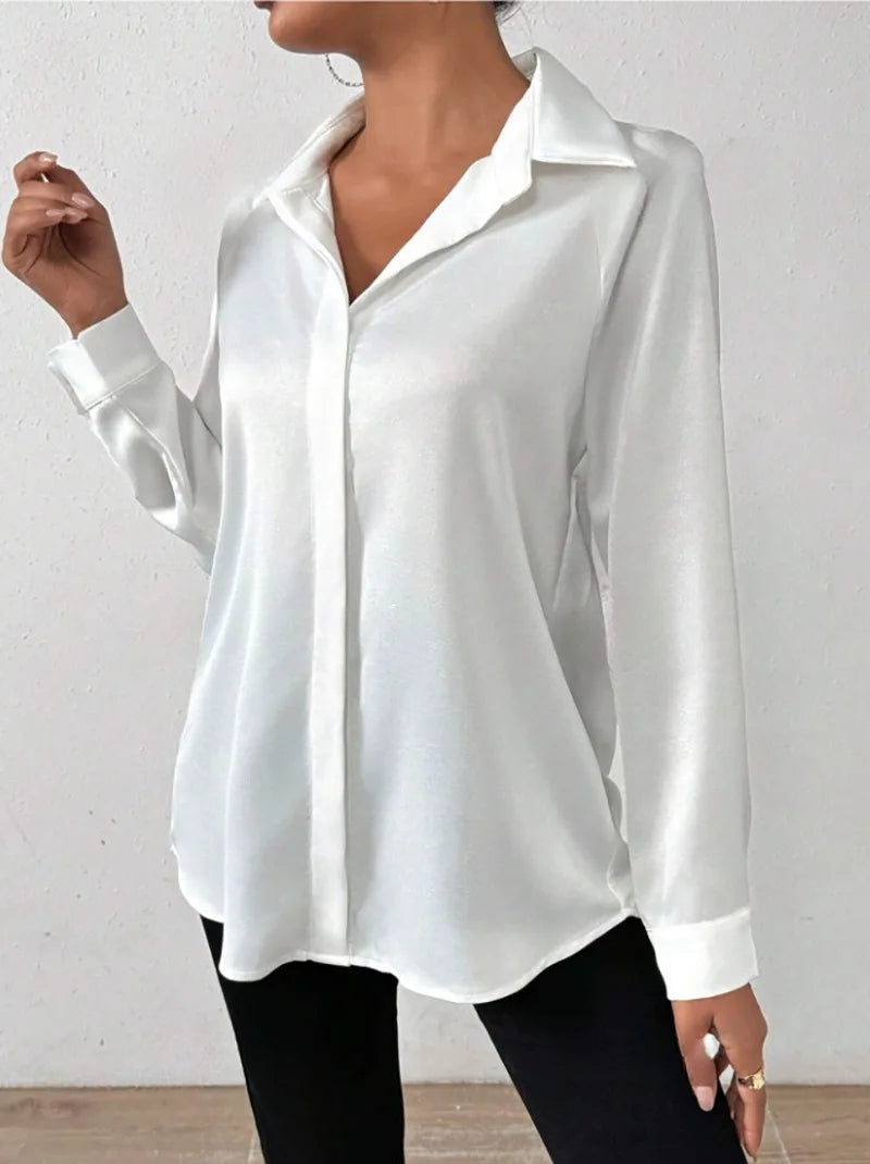 Elegant Long Sleeve Silk-Like Blouse - High-Quality Fashion