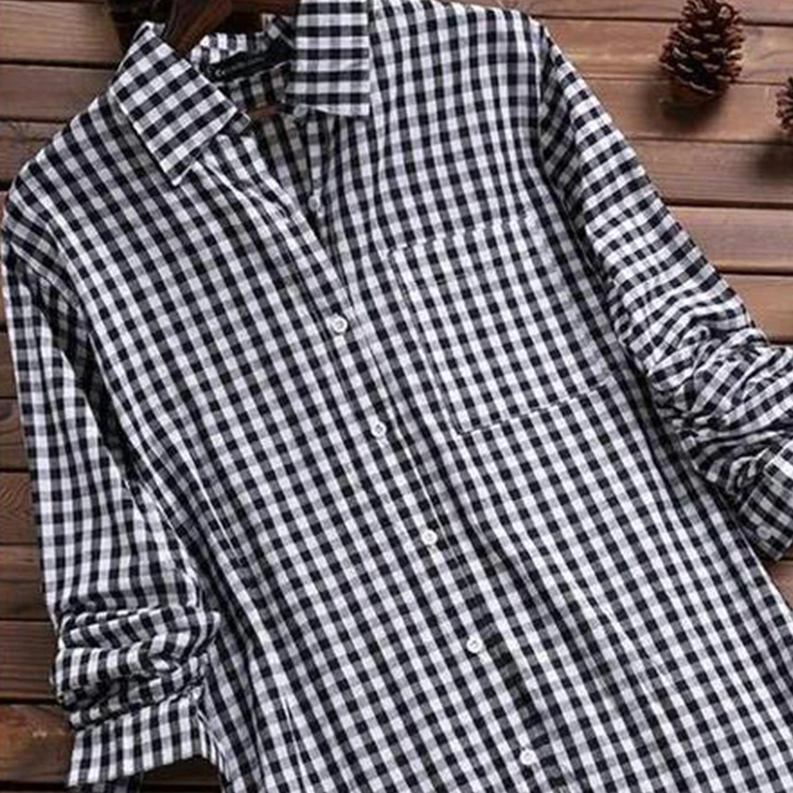 Plaid Cotton-Linen Tunic - V-Neck Roll-Up Sleeve Button-Down Shirt