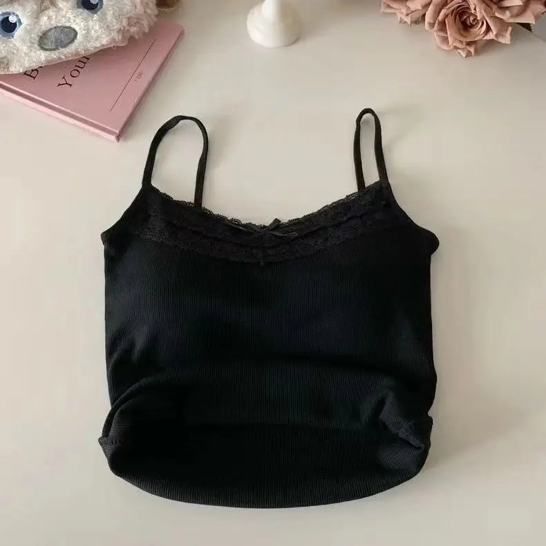 Lace Bow Corset Camisole - Sleeveless Slim Crop Top with Chest Pad for Summer Elegance
