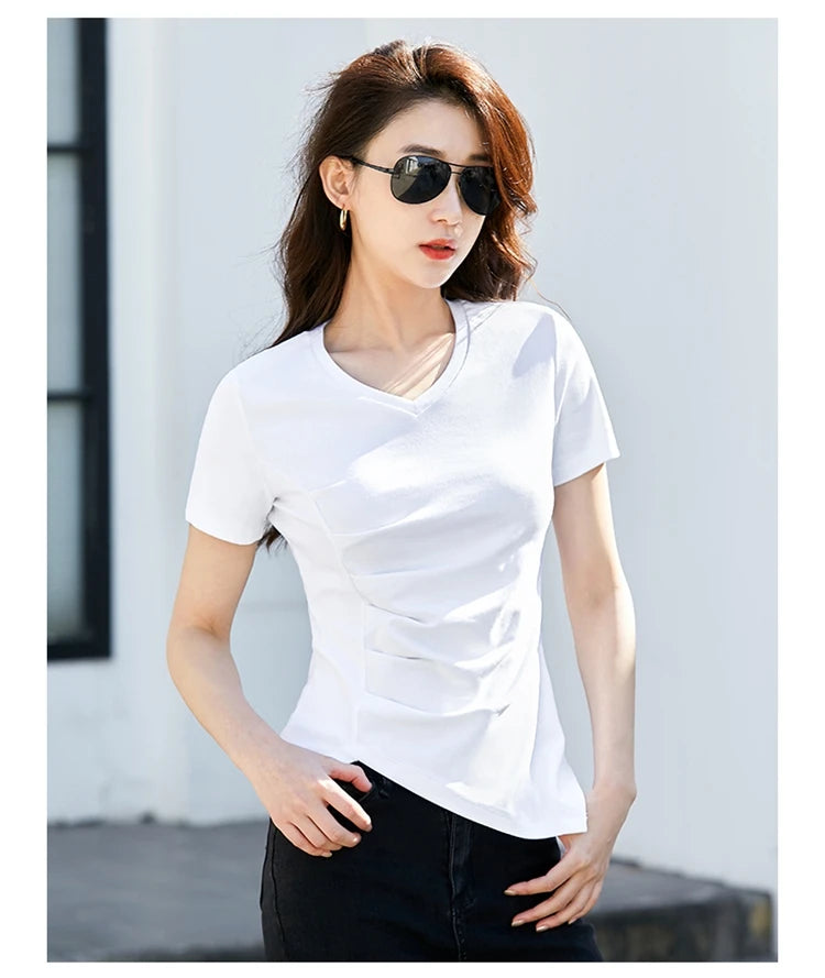 Chic V-Neck Pleated Cotton Tee - Irregular Hem