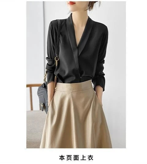 Silk Satin V-Neck Tunic - Long Sleeve, Office Chic