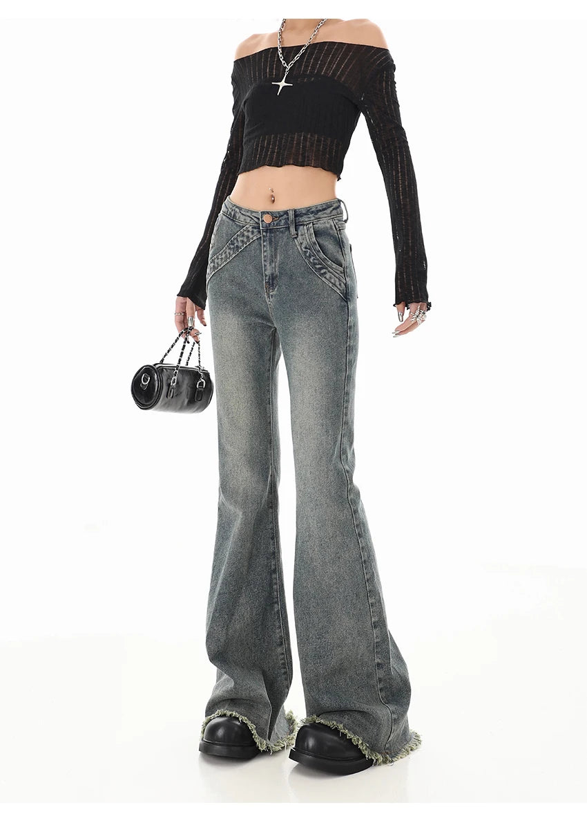 Low-Rise Flare Jeans - Y2K Japanese Streetwear Bell Bottoms for Women, Kpop Gyaru Aesthetic Denim Pants