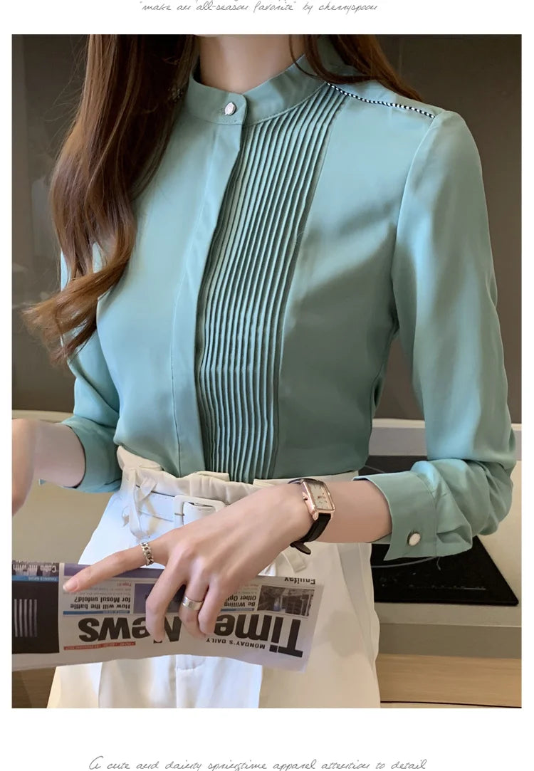 023 Chiffon Bow V-Neck Blouse - Long Sleeve Office Top