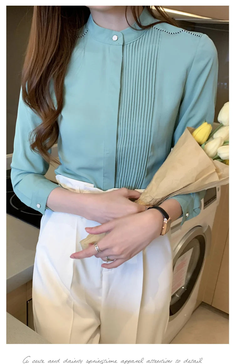 023 Chiffon Bow V-Neck Blouse - Long Sleeve Office Top