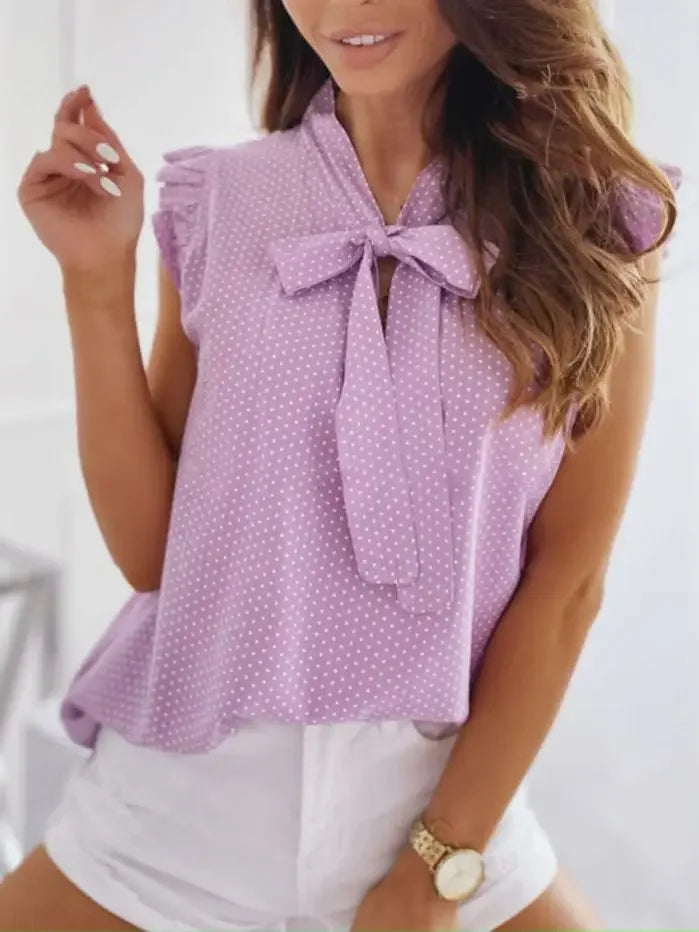 Sleeveless Ruffle Polka Dot Blouse - Lace-Up Bow