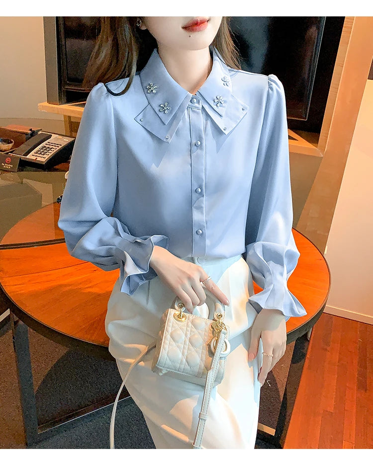 Elegant Chiffon Long Sleeve Blouse - White, Korean Office Style 2025