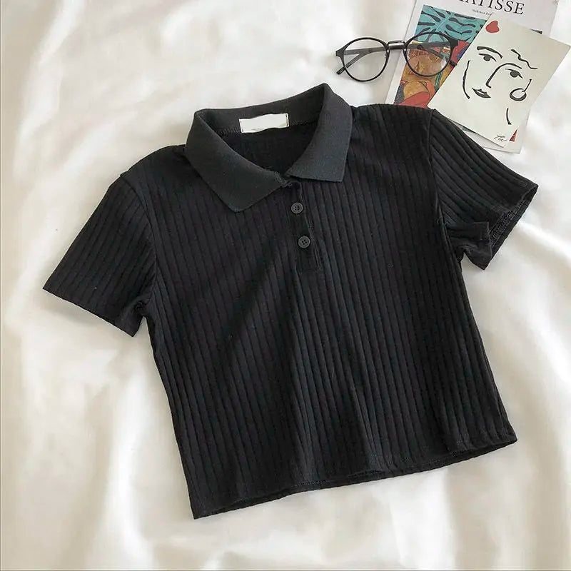 Youthful Knit Polo Crop Top - Short Sleeve