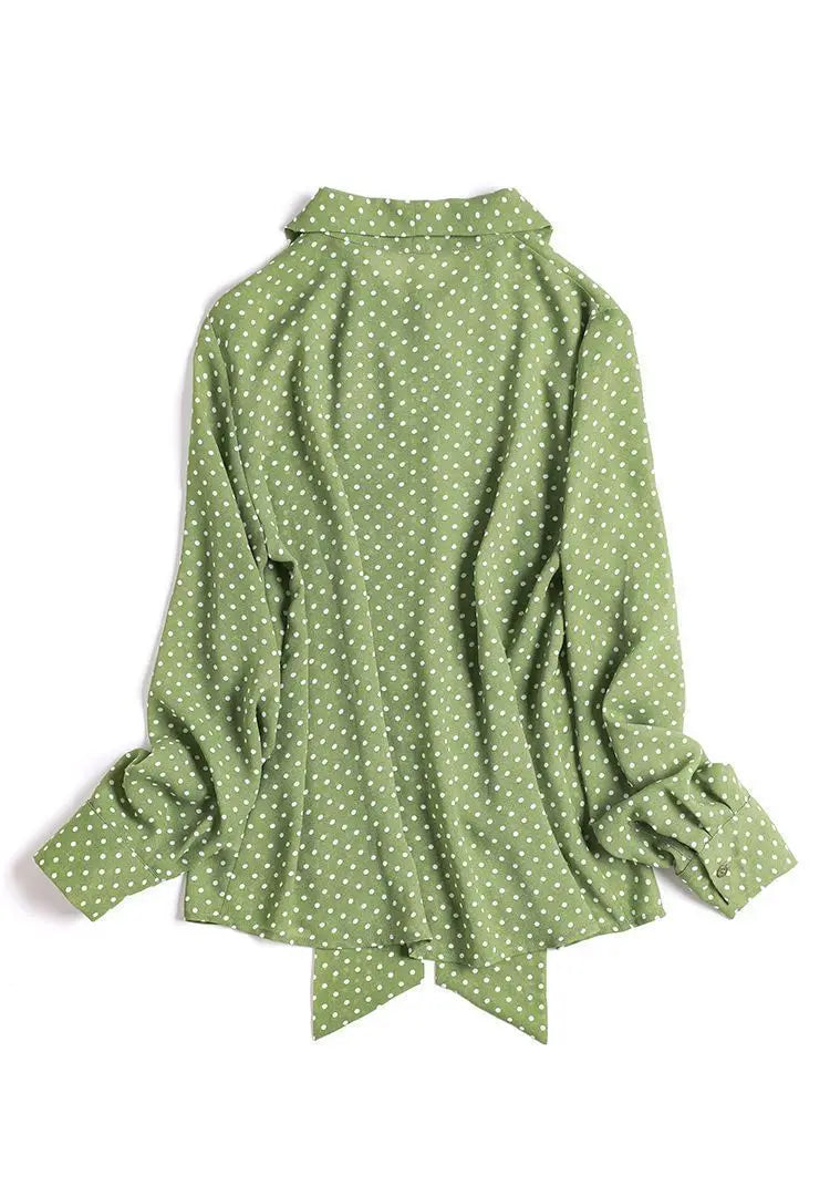 Polka Dot Shawl Collar Blouse - Bow Detail, Long Sleeve