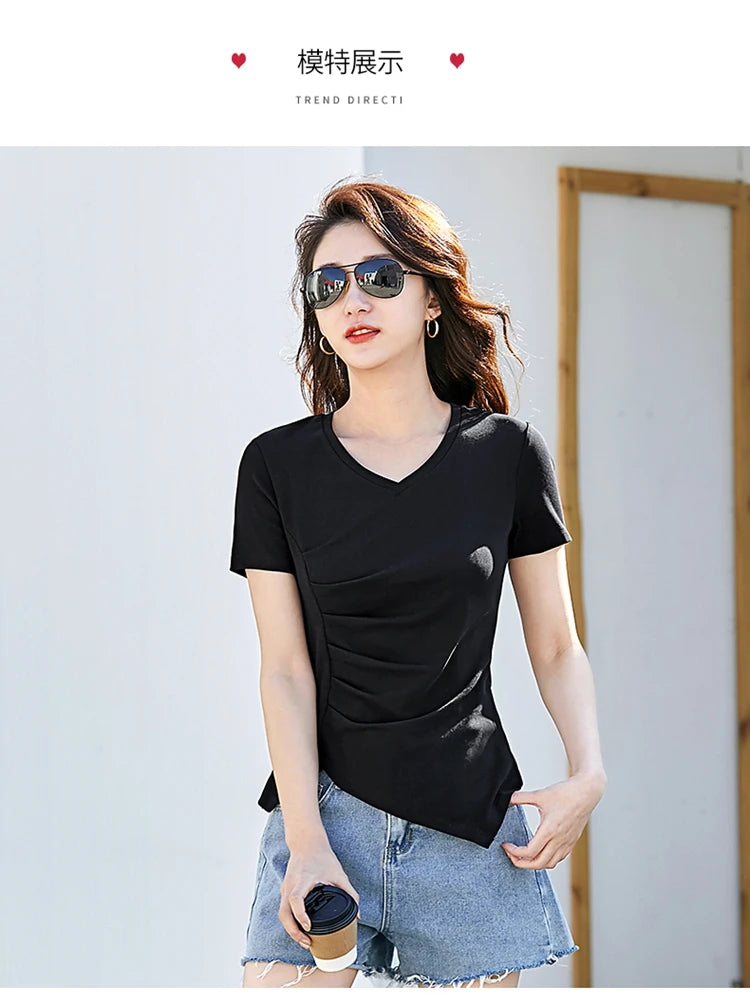 Chic V-Neck Pleated Cotton Tee - Irregular Hem