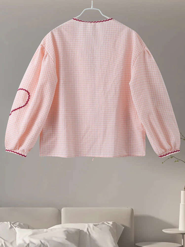 Plaid Heart Patchwork Blouse - V-Neck Lace-Up Long Sleeve