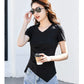 Chic V-Neck Pleated Cotton Tee - Irregular Hem