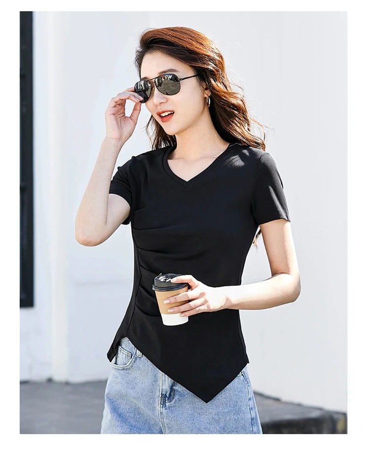 Chic V-Neck Pleated Cotton Tee - Irregular Hem