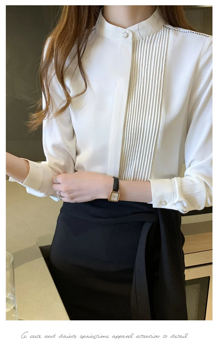 023 Chiffon Bow V-Neck Blouse - Long Sleeve Office Top