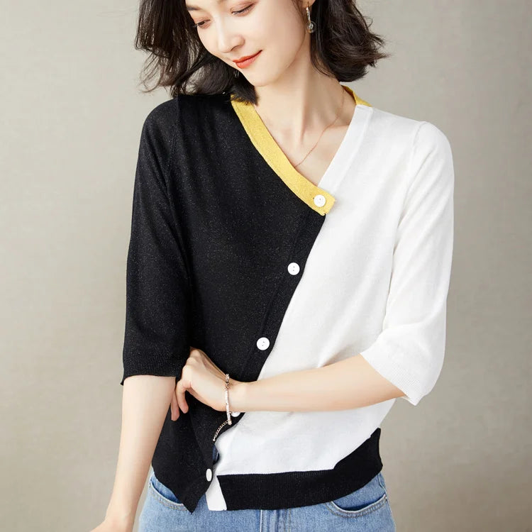 V-Neck Patchwork Cardigan - Contrast Color, Asymmetrical Design