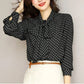 Polka Dot Shawl Collar Blouse - Bow Detail, Long Sleeve