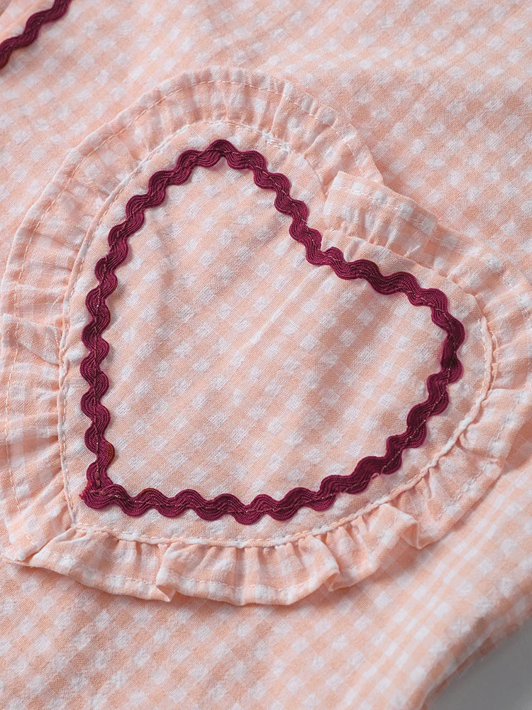 Plaid Heart Patchwork Blouse - V-Neck Lace-Up Long Sleeve