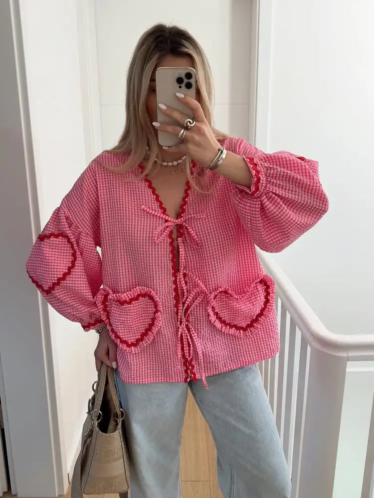 Plaid Heart Patchwork Blouse - V-Neck Lace-Up Long Sleeve