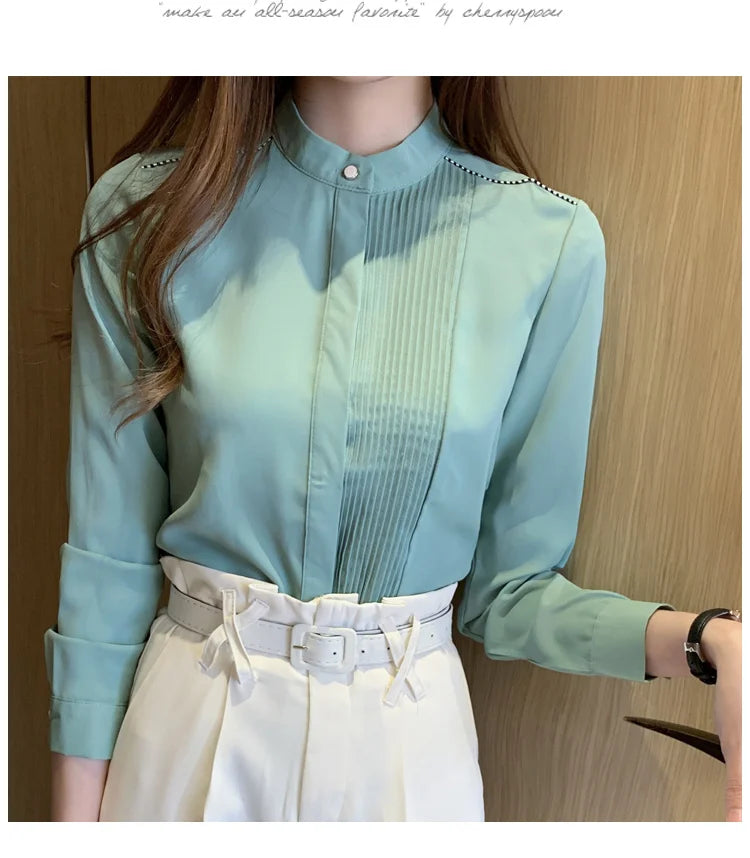 023 Chiffon Bow V-Neck Blouse - Long Sleeve Office Top