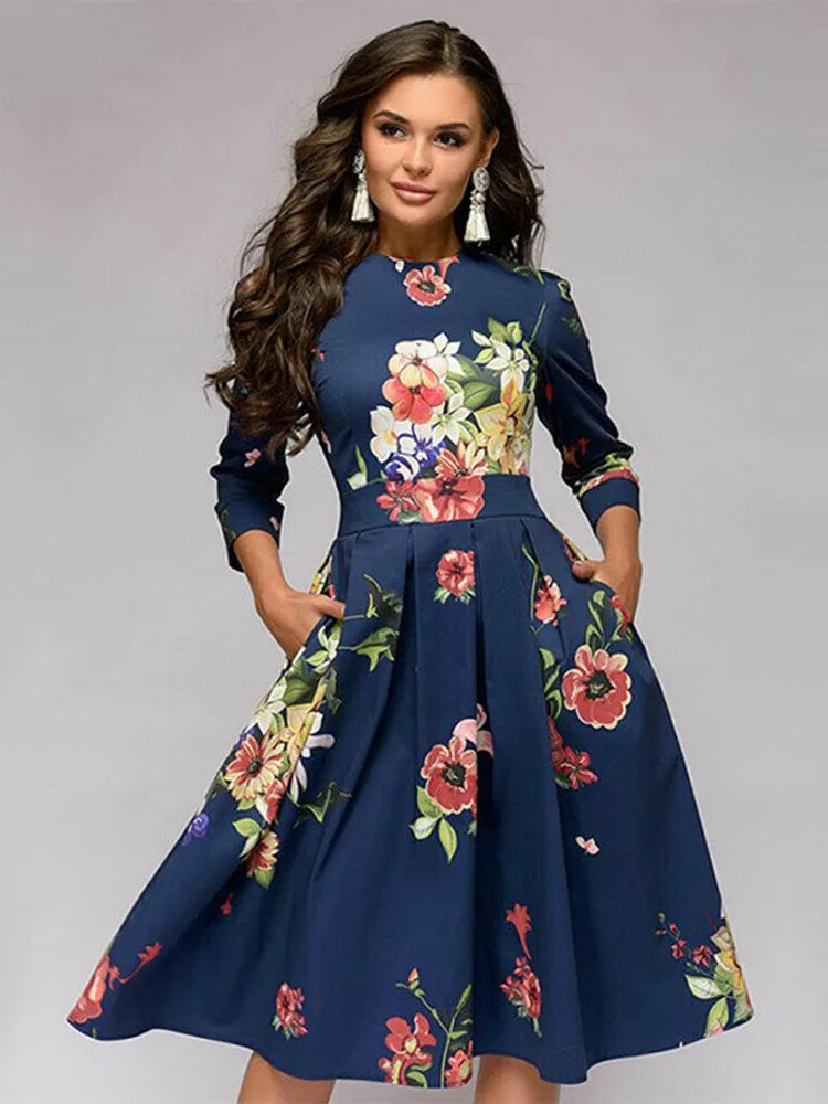 Vintage Pleated A-Line Tunic Dress - Elegant Long Sleeve Autumn Party Maxi Dress for Women