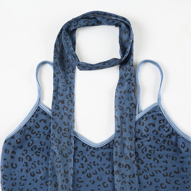 Leopard Print Mesh Camisole - Double Layer, Backless Y2K Style