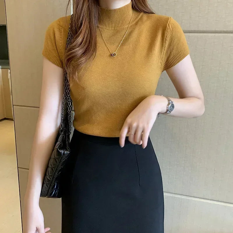 2024 Summer Turtleneck Knit Blouse - Short Sleeve