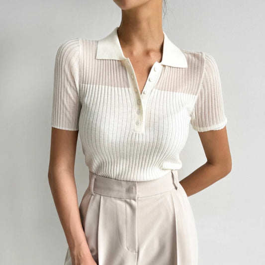 Ice Silk Polo Crop Top - Hollow-Out, Short Sleeve Korean Style