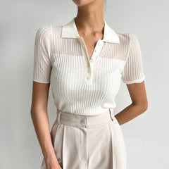 Ice Silk Polo Crop Top - Hollow-Out, Short Sleeve Korean Style