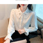 Elegant Chiffon Long Sleeve Blouse - White, Korean Office Style 2025