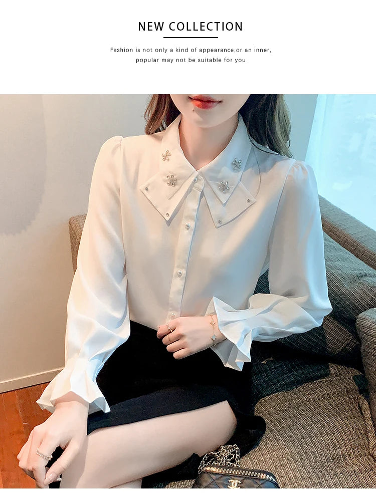 Elegant Chiffon Long Sleeve Blouse - White, Korean Office Style 2025