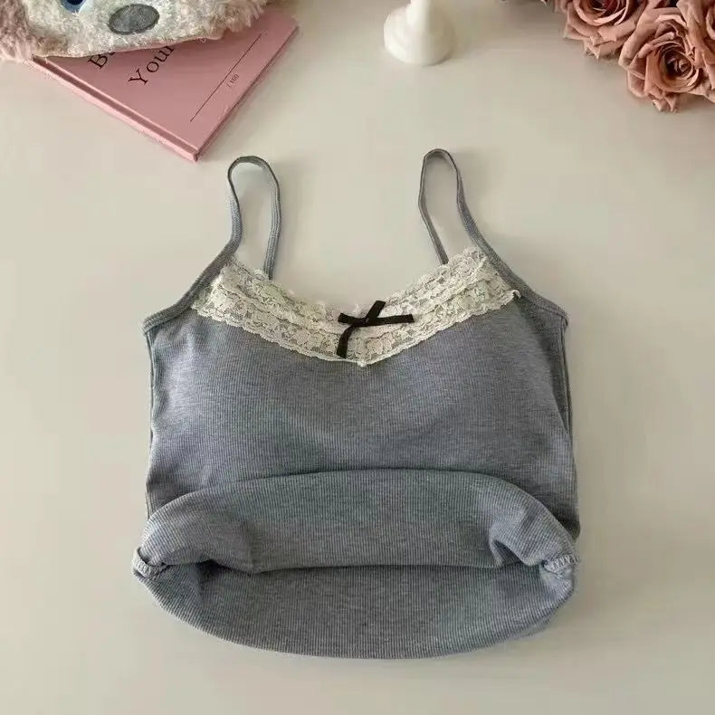 Lace Bow Corset Camisole - Sleeveless Slim Crop Top with Chest Pad for Summer Elegance
