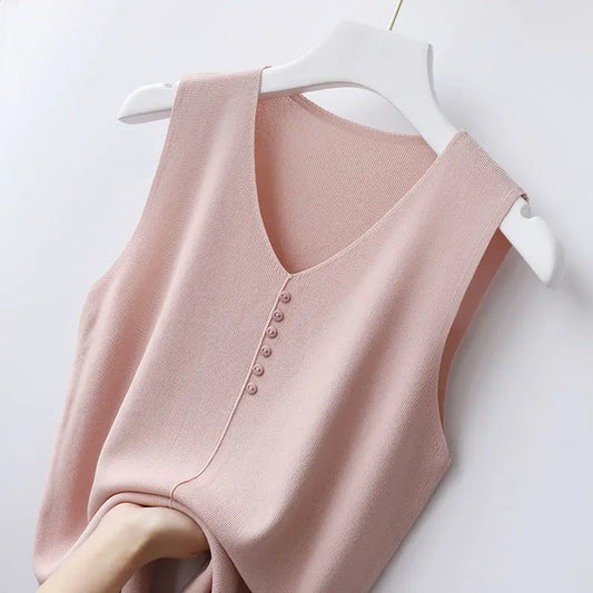 Ice Silk V-Neck Tank Top - Loose Fit Knitted Sleeveless Casual Outerwear for Women (S-6XL)