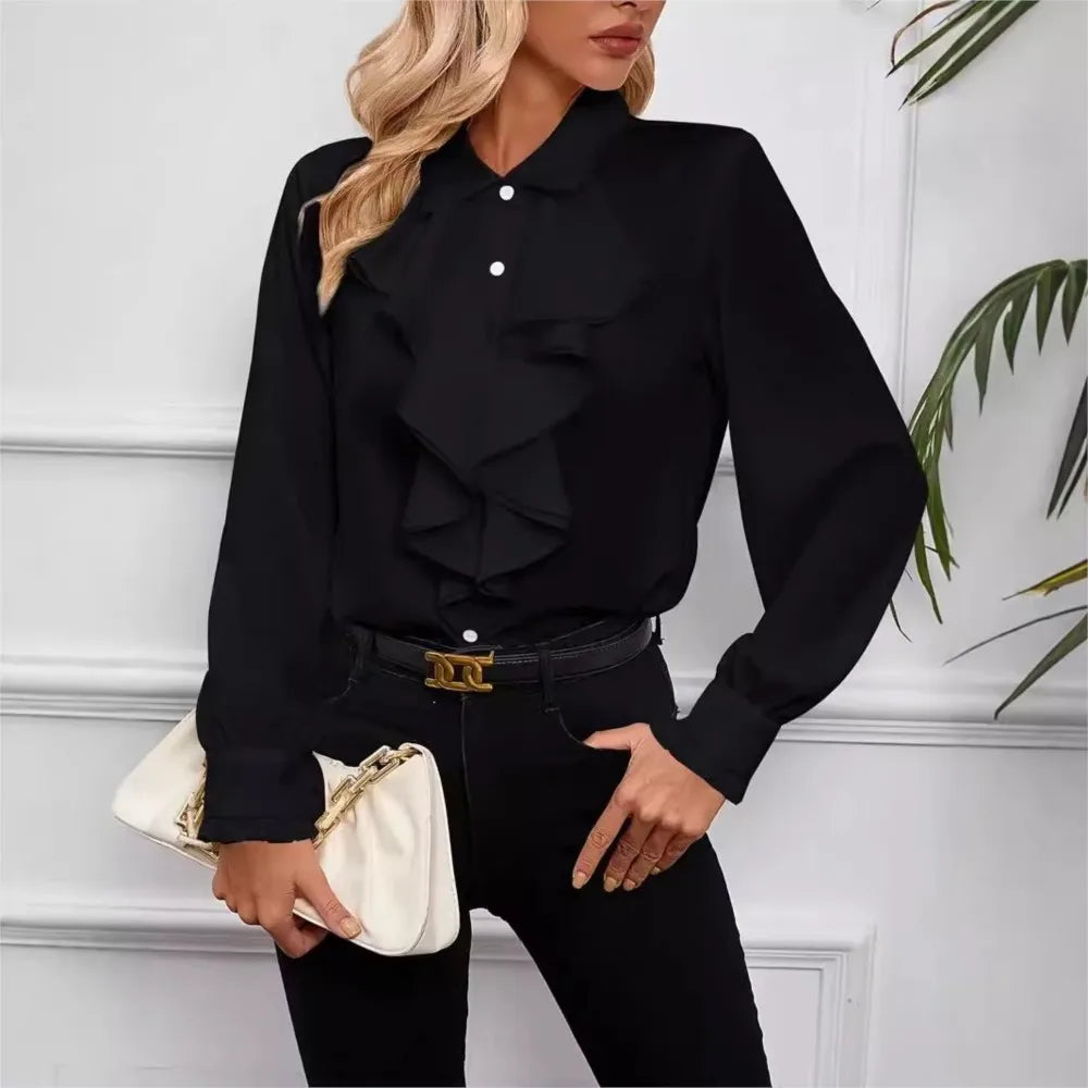 White Ruffled Lapel Blouse - Long Sleeve, Office Chic