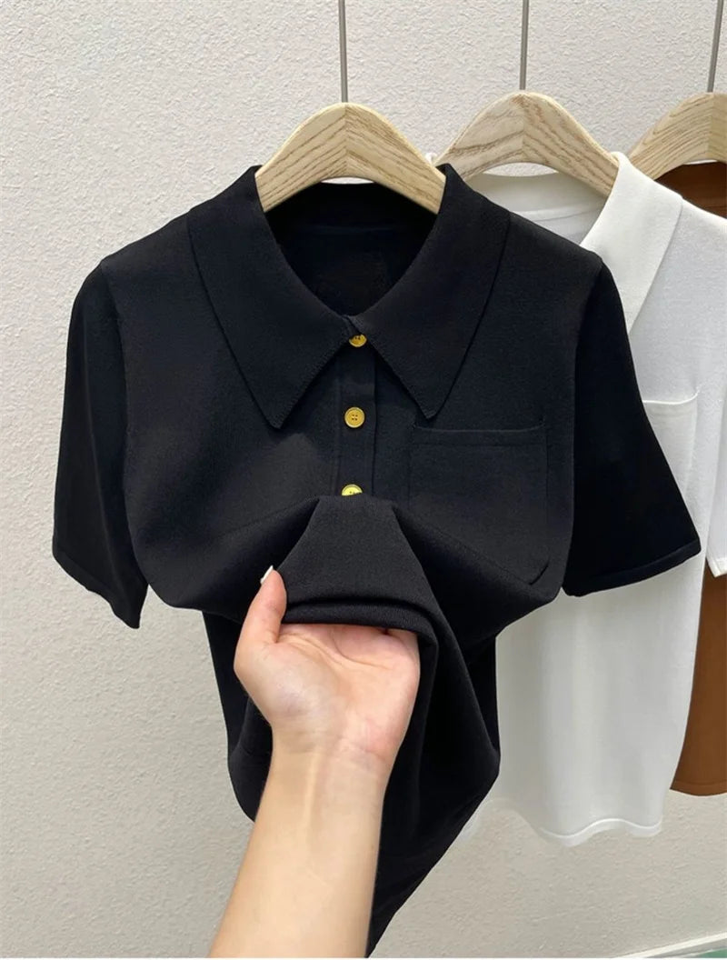2024 Ice Silk Polo Top - Short Sleeve, Button Pocket Design