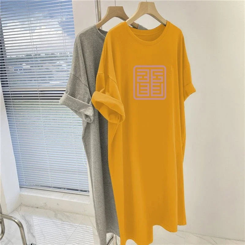 Printed O-Neck Tunic Dress - Summer Casual Loose Short Sleeve Pullover for Women