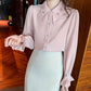 Elegant Chiffon Long Sleeve Blouse - White, Korean Office Style 2025