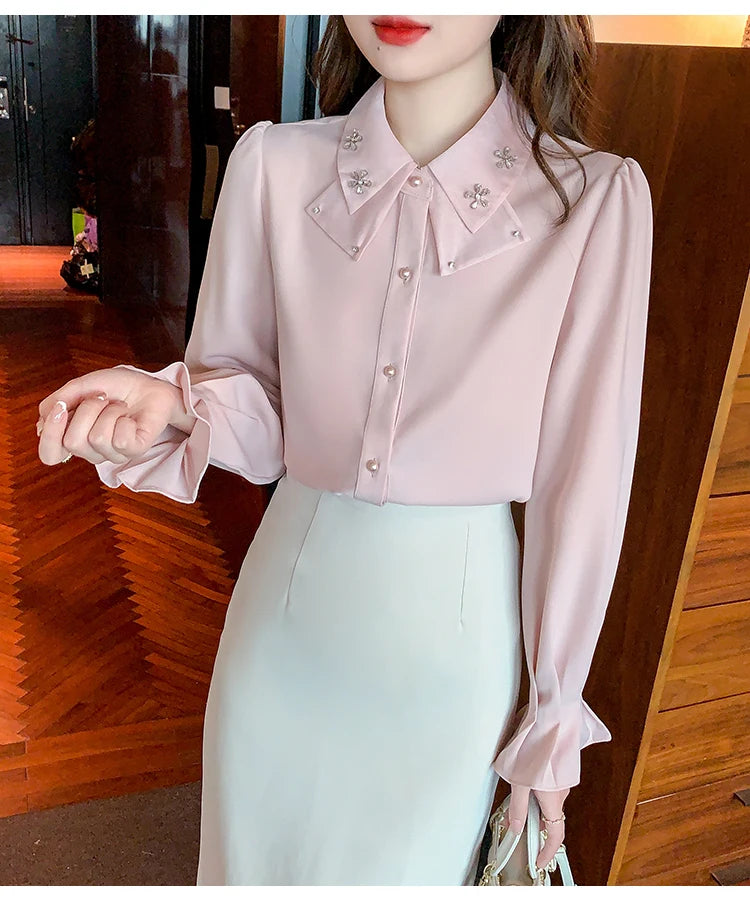 Elegant Chiffon Long Sleeve Blouse - White, Korean Office Style 2025