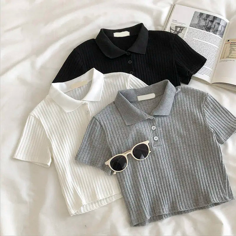 Youthful Knit Polo Crop Top - Short Sleeve